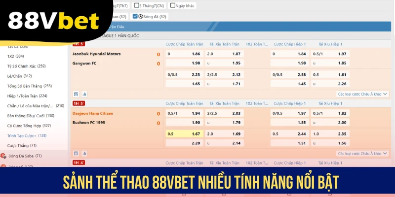 Sảnh thể thao 88VBET nhiều tính năng nổi bật